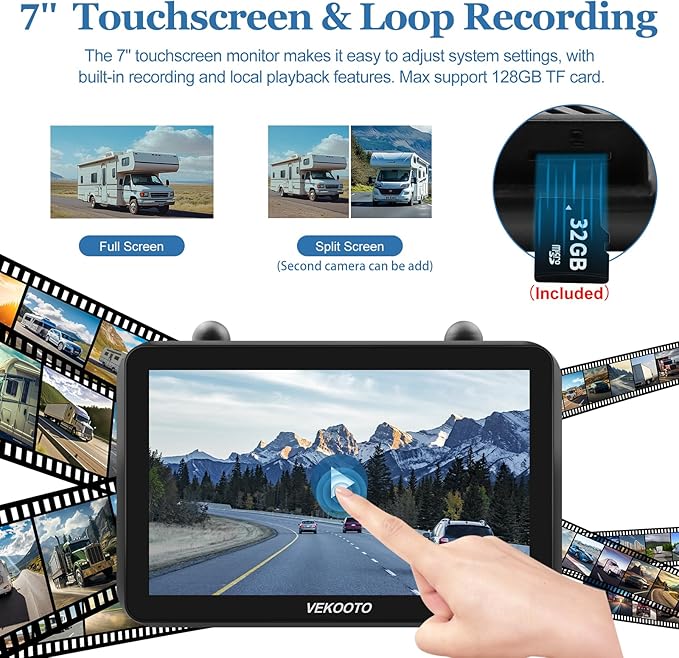 VEKOOTO VK7 Magnetic Solar Wireless Backup Camera, 7'' IPS Touchscreen Monitor HD1080P No Wiring 15,000mAh Rechargeable Camera System for Hitching Gooseneck Horse Trailer RV Camper Car Truck