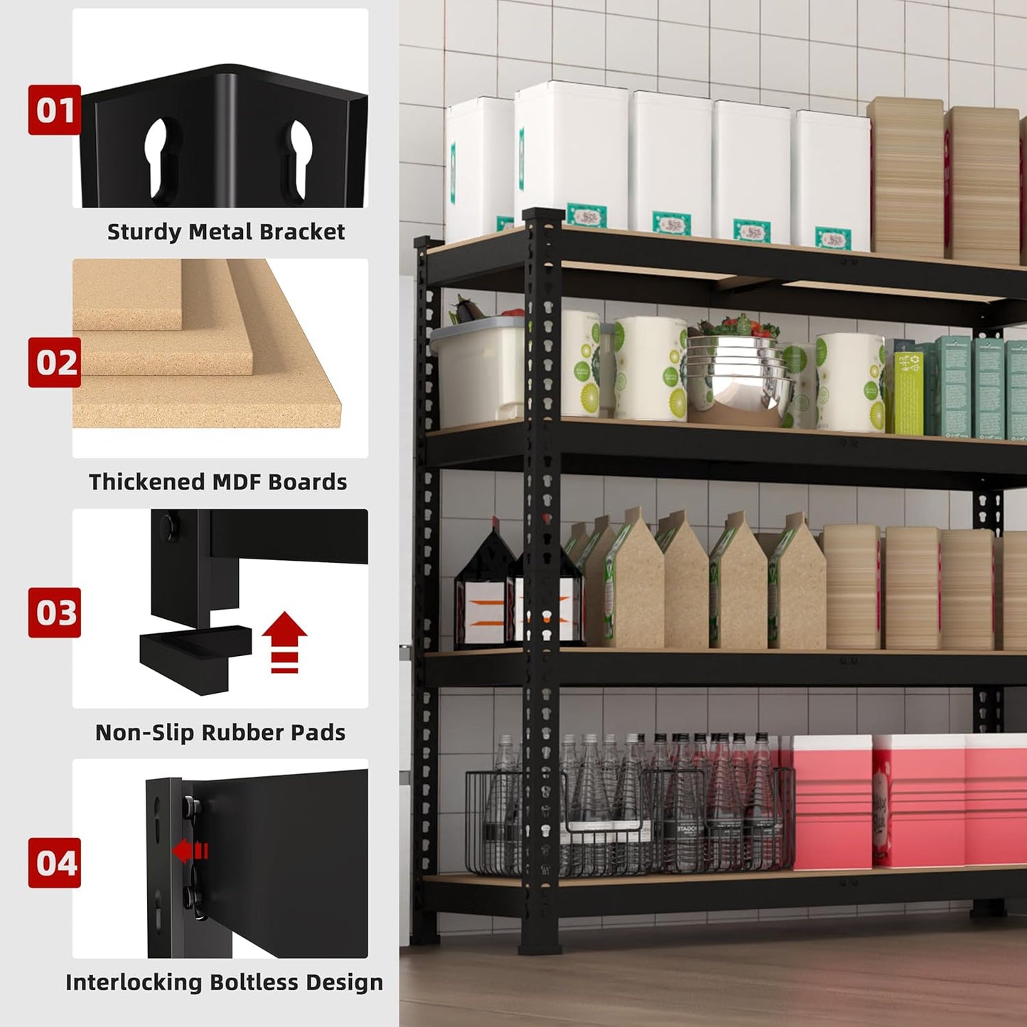 4 Packs 36" W x 16" D x 55" H Adjustable Garage Storage Shelves - 4-Shelf Heavy Duty Shelving Unit, Metal Utility Storage Organizer Racks for Warehouse Pantry Closet Kitchen, Black