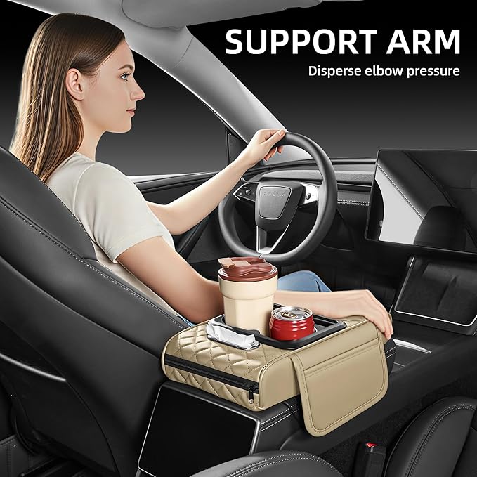 5 in 1 Car Center Console Cover, Armrest Pad with 2 Storage Pockets, Cup Holder, Tissue Box Slot, Phone Holder, Universal Car Interior Organizer (Beige)