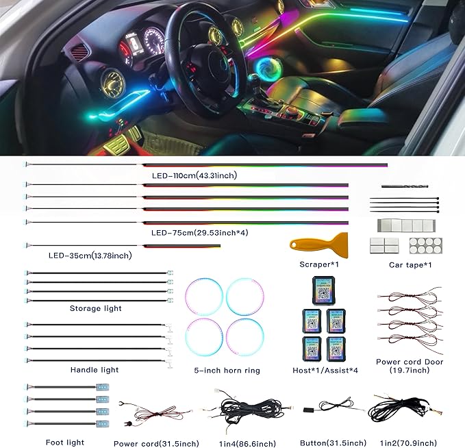 KENANEK Ambient Lighting Car Interior LED Strip Lights 22-in-1, 175” Acrylic Multi-Color Car Ambient Lighting Kit with Music Sync, APP Control, Interior LED Lighting for Cars SUVs Trucks