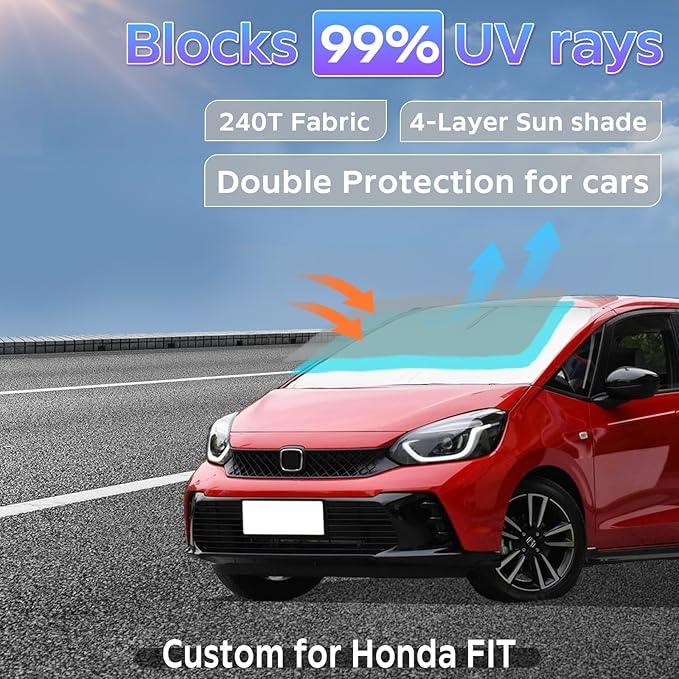 Sun Shade Sunshade for Honda Fit 2007-2024 2025 Windshield Cover, 4-Layers Sun Shield 250T Silver Coating Sun Visor for Fit EX EXL Sport Engine Foldable Window Shade Blocks UV Rays Car Accessories