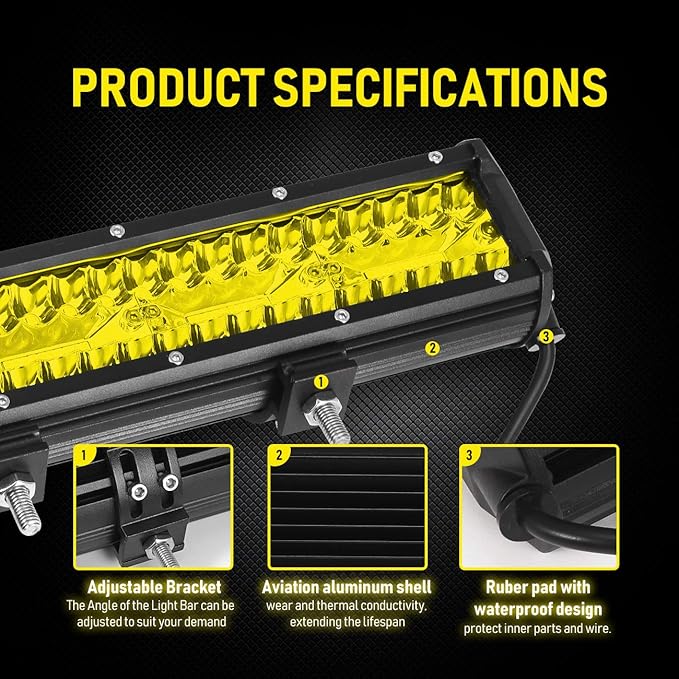 12 Inch Yellow Fog Lights 240W 24000LM Yellow LED Light Bar Offroad Spot Flood Combo Triple Row Driving Work Lamps Compatible with Jeep SUV ATV UTV Pickup Boat Marine
