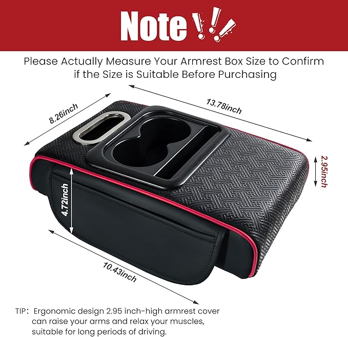 Car Middle Center Console Cover with Cup Holder for Long Driving,Car Armrest Cover for SUV,Truck-2.95in Height-Lifts Arms to Relax Muscles,Multi-Functional Storage for Trips Scratch-Resistant