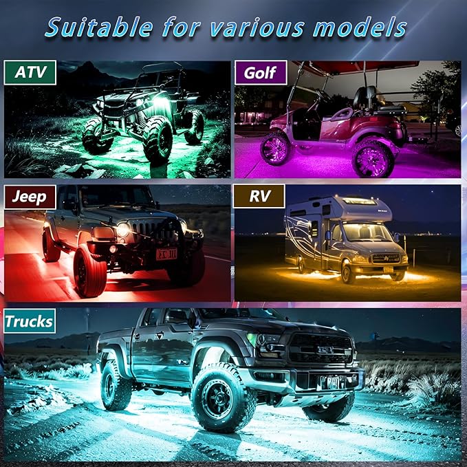 12Pods RGB LED Rock Lights Kit with APP/RF Remote Control Dual Zone Brake, Car Underglow Lights Multicolor Neon Underbody Lights Waterproof 12V for Trucks Pickup Jeep Golf Cart SXS ATV