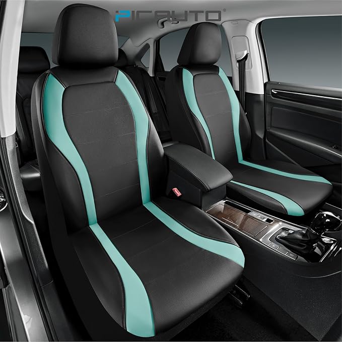 PIC AUTO Leather Car Seat Covers, Premium Automotive Waterproof Front & Rear Full Set Bucket Car Seat Protectors, Black and Mint PVC Patchwork, Fits for Cars, Trucks, Van, SUV, Airbag Compatible