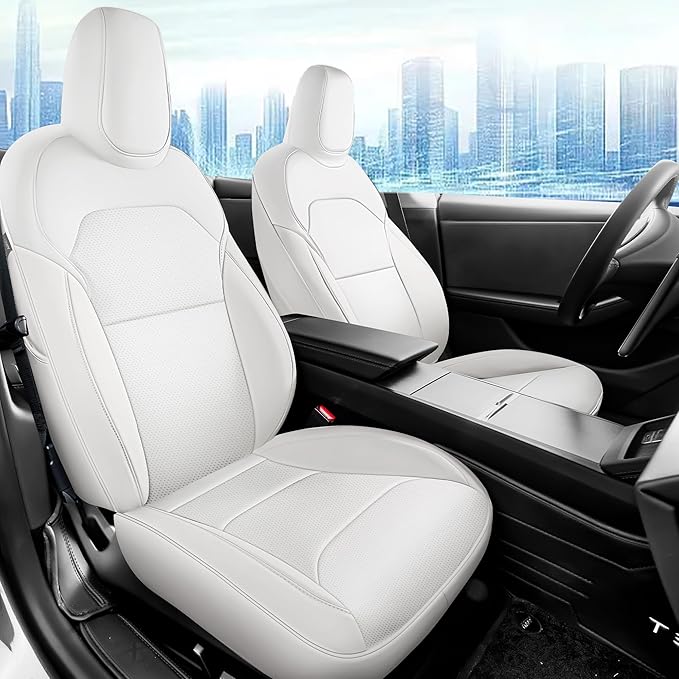 Customized Seat Cover for Tesla Model 3 2024 2025 Highland Long Range (Not for Performance) Nappa Leather Car Interior Airbag Compatible Cushion Cover Full Set (T3-White-24-25)