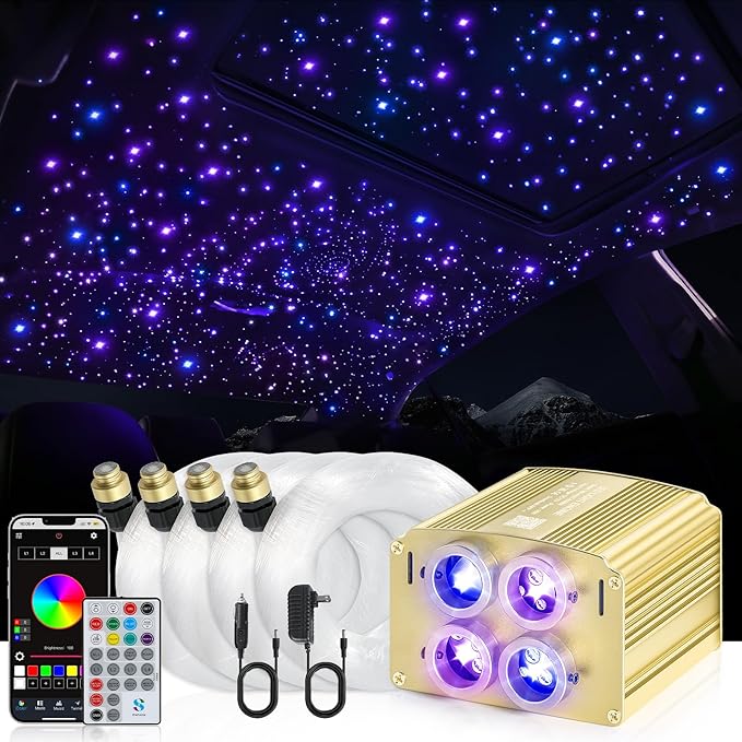 4 Colors 32W Twinkle Car Starlight Headliner Kit 600pcs*0.03in*13.1ft with APP&RF Remote, RGBW Fiber Optic Ceiling Star Lights, 4 Port Engine Sound Activated Star Roof Lights for Car Home Theater