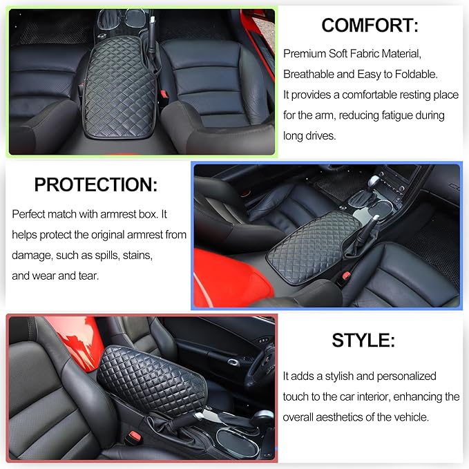 Center Console Armrest Cover for Chevy Corvette C6 2005-2013, Centre Armrest Seat Box Cover, Armrest Arm Rest Pad, Middle Consoles Cushion Protector Mat, Leather (Carbon Fiber)