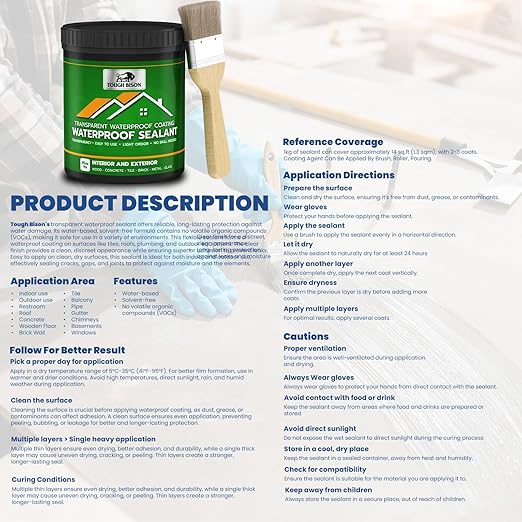 Clear Waterproof Sealant – Water-Based Transparent Waterproof Coating Acrylic Paste for Leakage for Roofs, Walls, Windows, Bathroom, Wood, Concrete, Tile, Metal, Indoor & Outdoor, Non-Toxic, 35oz, 1KG