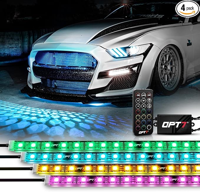 OPT7 Aura 4PCS RGB LED Grille Lights with Remote Control, 24 inches Waterproof LED Strip Lights, Multicolor, Dimmer, Fade, Cycle, Strobe, Peel'n'Stick Front Grill Valence, Truck Van RV JDM Decor