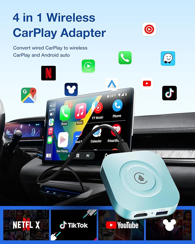 Magic Box 2026 Wireless CarPlay Adapter, AI Box Android Auto Supports Strea-ming Video for TikTok/YouTube, USB for Offline Media, Screen Mirroring Car Adapter for Factory Wired Car Play