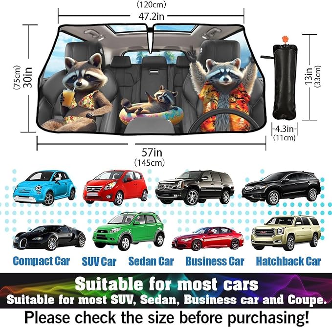 Socira Funny Raccoon Car Windshield Sunshade Umbrella Foldable Visor Umbrella Sun Shade Cover Racoon Sunshade Front Window Cover Raccoon Car Accessories Blocks Uv Rays (57" X 30")