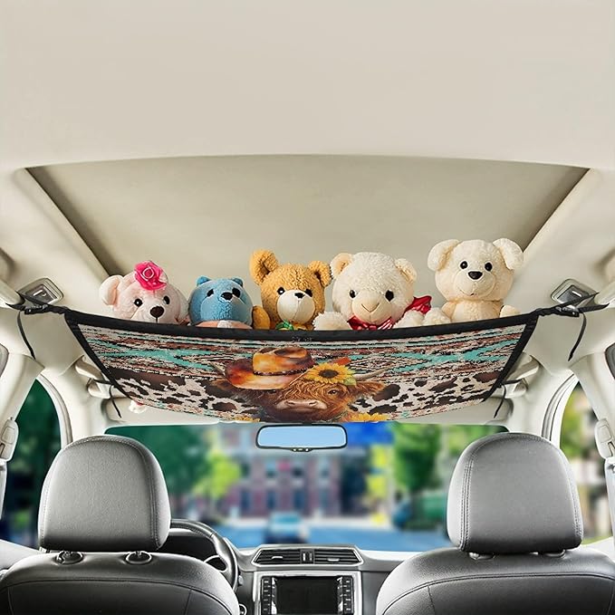 NDISTIN Highland Cow Car Ceiling Cargo Net Pocket Zip Up Car Ceiling Storage Net with Adjustable Buckle Southwest Aztec Car Roof Seat Organizer Keeps Car Interior Tidy