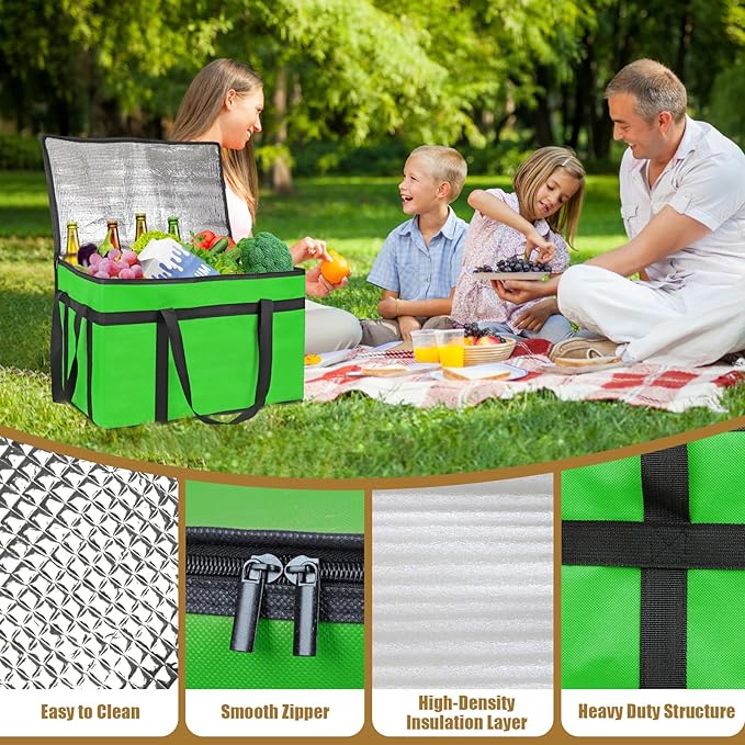 PEASUG Insulated Bags for Food Delivery, XXXL Pizza Delivery Bags, Large Capacity Cooler Bag Keep Food Warm for Grocery Shopping and Catering, Foldable, Heavy-Duty (Green)