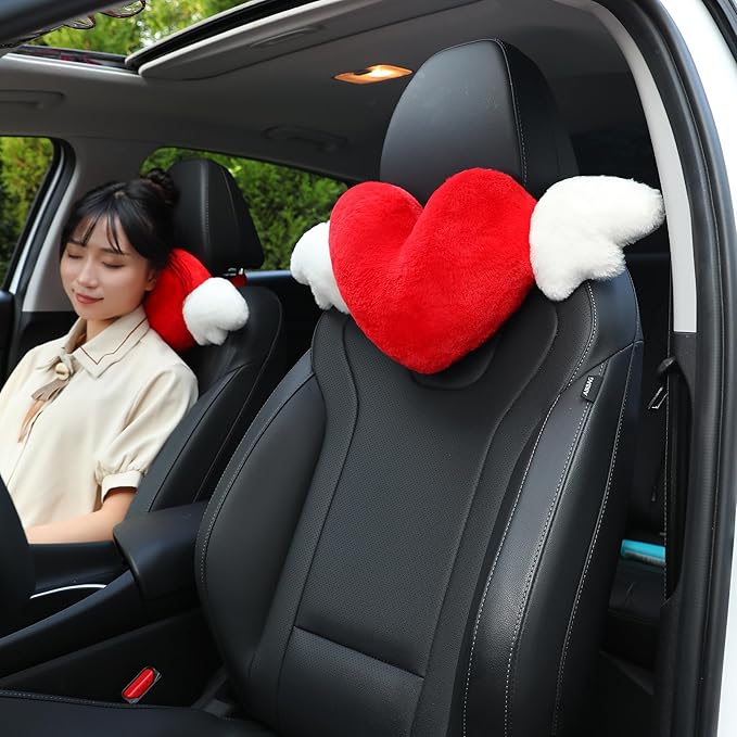 2 Pack Heart Shaped Cute Car Headrest Pillow with Angel Wings - Comfortable Soft Head Rest Cushion Kawaii Car Accessories Neck Pillow for Driving Travelling Office Home Decor - Red Love Heart