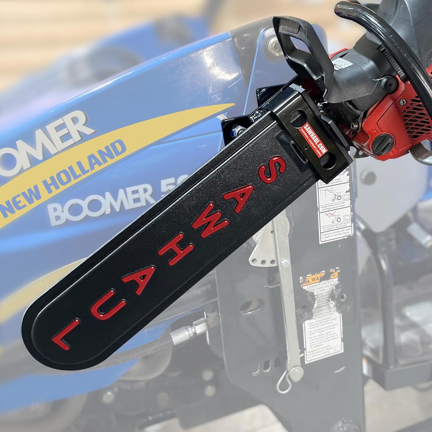 SawHaul Snap-Lok Universal Chainsaw Carrier Kit for Tractors and Skid Steers – 20 Inch Red Scabbard with Rotating Mount – Compatible with All Chainsaw Brands – Made in USA