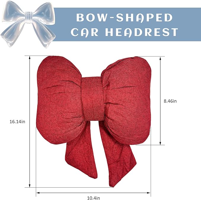 Sun Walker Bow Car Headrest Pillow, Breathable Bow-Shaped Vehicle Neck Pillow with Adjustable Strap, Ergonomic Neck Support Cushion Driving Seat Decoration for Women Girls (Red)
