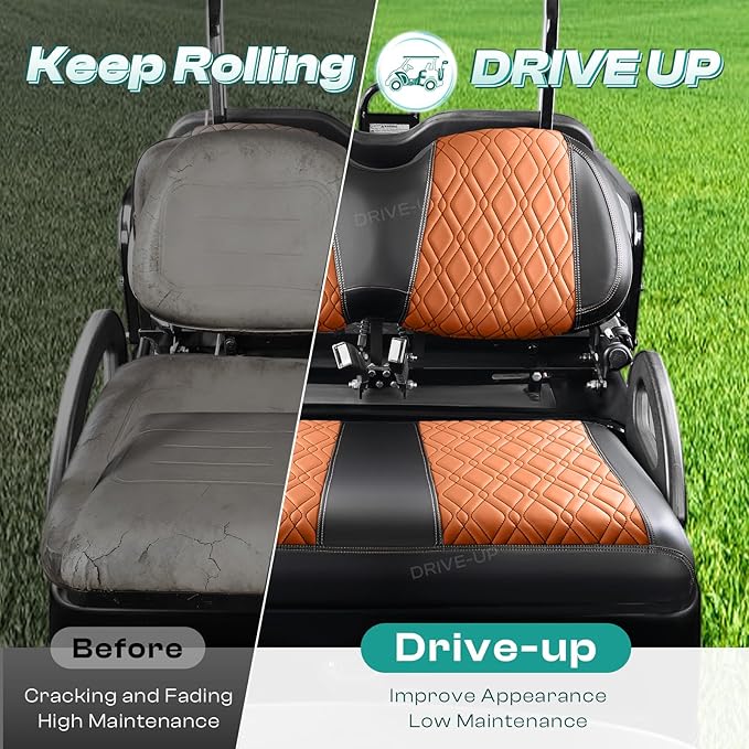DRIVE UP Club Car Precedent Diamond Seat Covers, Brown Diamond Cross Club Car Leather Front Seat Cover, Golf Cart Seat Covers with Black Stitching Front, Waterproof and Wipe Clean