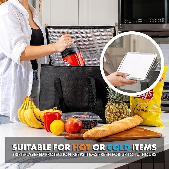 Carrywell (Not Made In China) Insulated Reusable Grocery Bags 2-Pack, Catering and Delivery Bag For Hot and Cold Food, Collapsible Thermal Tote For Doordash