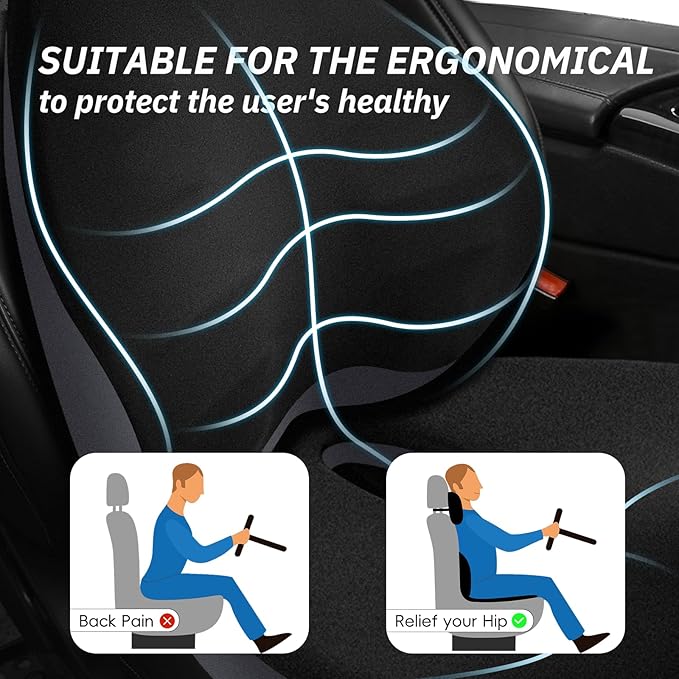NS YOLO Ergonomic Car Seat Cushion with Comfort Memory Foam Neck Pillow, Car Pillow,Lumbar Support and Big Size Soft Seat Cushion for Driving Seat,Office Chair and Wheel Chair (Black and Grey-3 pcs)