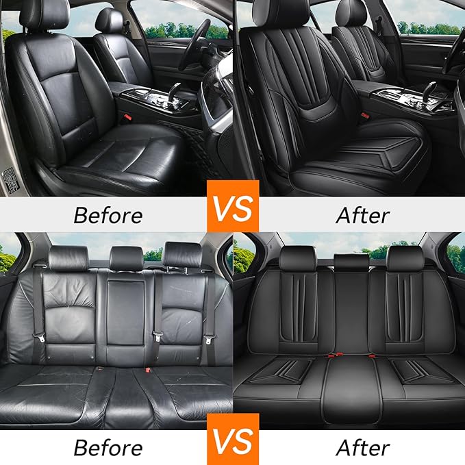 Car Seat Covers, Premium Leather Car Seat Covers, Waterproof and Breathable Seat Covers, Universal Car Seat Protector Fit for Cars, Trucks, SUVs, Pick-ups (Black, FullSet)