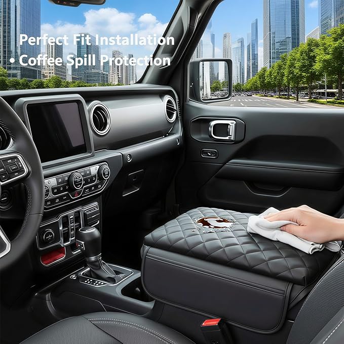 Center Console Cover for 2025 Ford Bronco Accessories 2024 2021 2022 2023 Leather Arm Rest Cover for Car with 2 Side Pockets for Bronco 2/4 Door (Not for Sport)