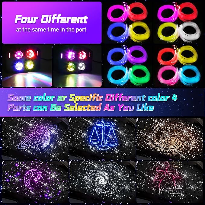 Car Starlight Headliner Kit, 4 Colors 32W Twinkle & Meteor Fiber Optic Ceiling Lights, 2 in 1 Light Engine 600pcs*0.03in*13.1ft+240 RGBW Shooting Stars Headliner Lights for Car Roof Décor