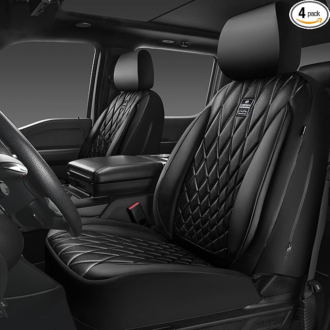 CAR PASS Piping Luxury Faux PU Leather Two Front Car Seat Covers, Waterproof Anti Slip Seat Covers Compatible with Front Seat Armrests,Universal Fit for Suvs,Vans,Trucks, Airbag Compatible(All Black)