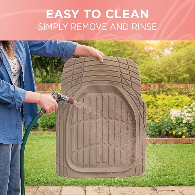 CARBELLA Heavy Duty Rubber 4-Piece Beige Car Floor Mats - Universal Trimmable All-Weather Car Accessories - Girl Car Accessories for Women & Cute Car Mats for Women for Girly Car Decor, Truck, & SUV