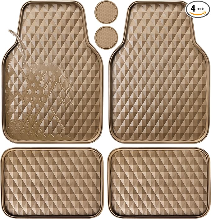 CAR PASS Deep Tray Rubber Car Mats, Heavy Duty Floor Mat for Car, Durable Anti-Slip 3D Rhombus Waterproof All Weather Car Floor Mats, Universal Fit for Truck SUV Vehicle Automotive, 4 Piece Beige
