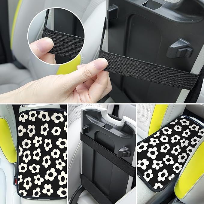 Car Center Console Cover,White Flowers Auto Center Console Pad,Armrest Cover Protector for Vehicle SUV Truck Car