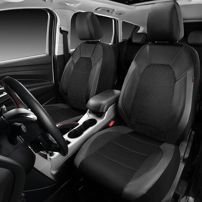 CAR PASS Leather Seat Covers, Automotive Sport Car Seat Cover Super 5mm Composite Sponge Inside, Airbag Compatible Universal Fits Most Cars, SUVs, Trucks and Vans (Full Set,Black & Gray)