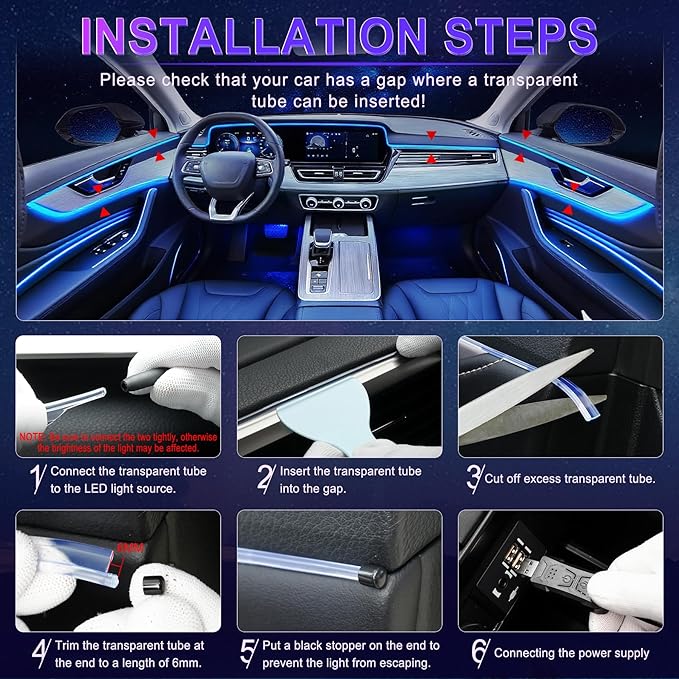 LivTee Smart Car LED Interior Lights with USB Port, LED Strip Fiber Optic Lights, Wireless App Control, Sync to Music, Car Accessories Gifts for Women and Men, 5 in 1
