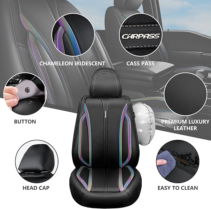 CAR PASS Nappa Leather Seat Covers Front Seats Only, Waterproof Faux Leather car Seat Cover 2 Piece Cushions Protector Universal Fit for SUV Truck Automotive Vehicle, Chameleon Iridescent Reflective