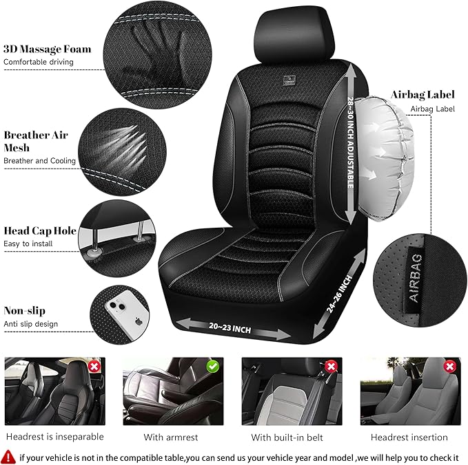 CAR PASS Comfortable 3D Foam Mesh Leather Car Seat Covers Front, Air Cool Mesh Breathable Front Seat Covers for Car, Universal Fit for SUV Truck Sedan Automotive, Airbag Compatible,Black Gray