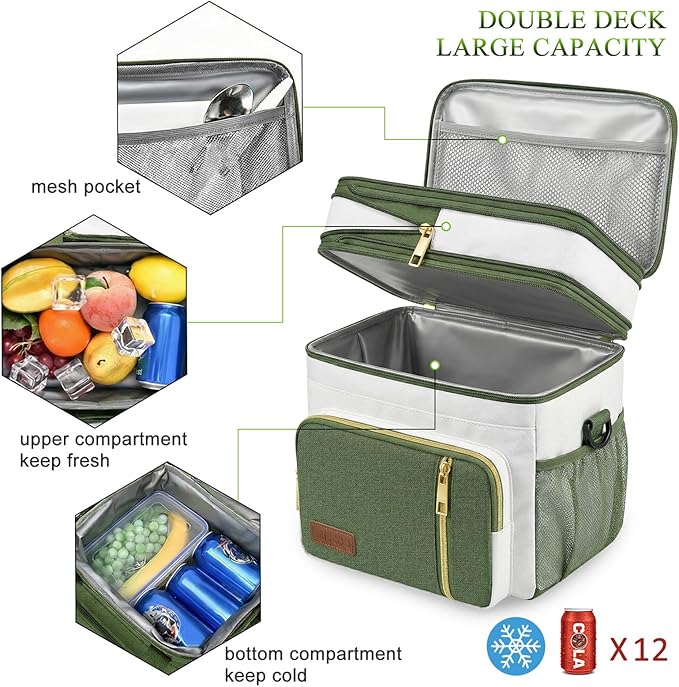 MIYCOO Lunch Bag & Lunch Box for Women Men - Double Deck Leakproof Insulated Soft Large Adult Camping Cooler Bag for Work, Beach, Picnic, Travel (Green White, 15L)