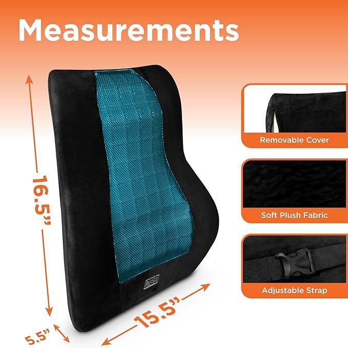 BLACK+DECKER Memory Foam Lumbar Support Pillow with Cooling Gel – High Back Lumbar Cushion for Office, Car, Wheelchair & Airplane – Ergonomic, Pain Relief, Adjustable Strap, Washable Cover,Black/Grey