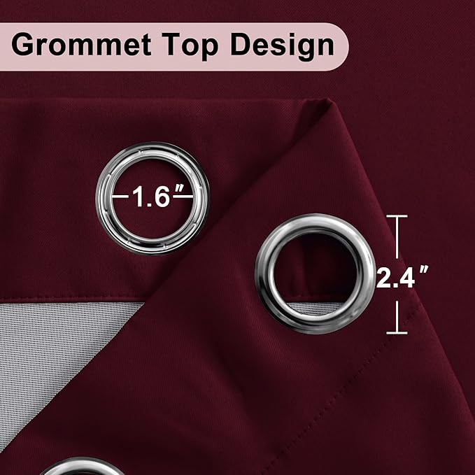 XWZO Full Shading Blackout Curtains 54 Inches Length - Heat and Light Blocking Ring Top Window Drapes with Black Liner Backing for Bedroom Sewn with Tiebacks, Burgundy, W38 x L54, Set of 2 Panels