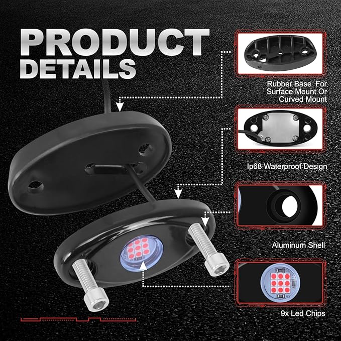 4Pods LED Rock Lights LED Neon Underglow Lights for Car Trucks ATV UTV SUV Boat Underbody Glow Trail Rig Lights Waterproof (red)