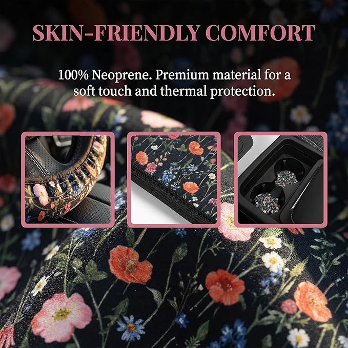 Wildflower Car Steering Wheel Cover - Multicolor Wildflower Steering Wheel Cover Anti-Slip Breathable Universal for 15 Inch Car 2 Pieces Coasters Suitable for Men Women