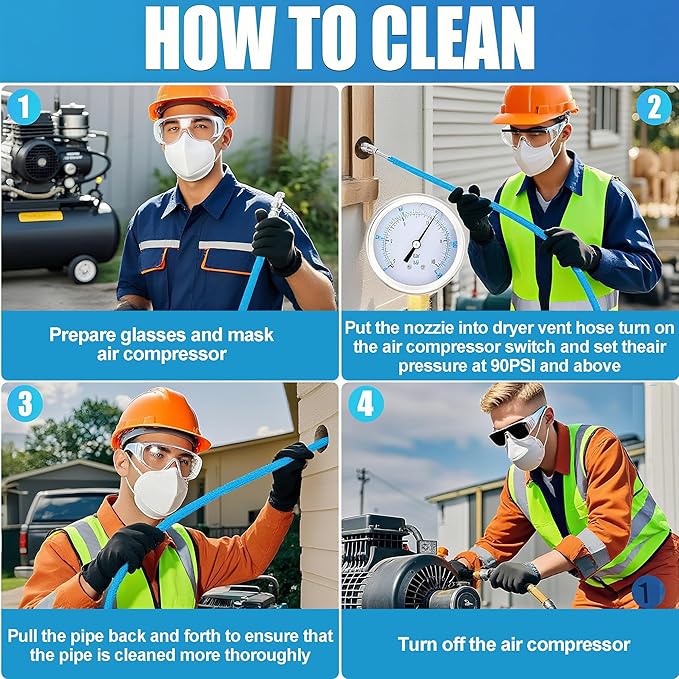 Dryer Vent Cleaner Kit - 32ft Pressure Hose + 1/4 Air Quick Connect + 2 Jetter Nozzle for Powerful Lint Removal, Fire Hazard Reduction & Energy Savings – Ideal for Cleaning Long Dryer Ducts