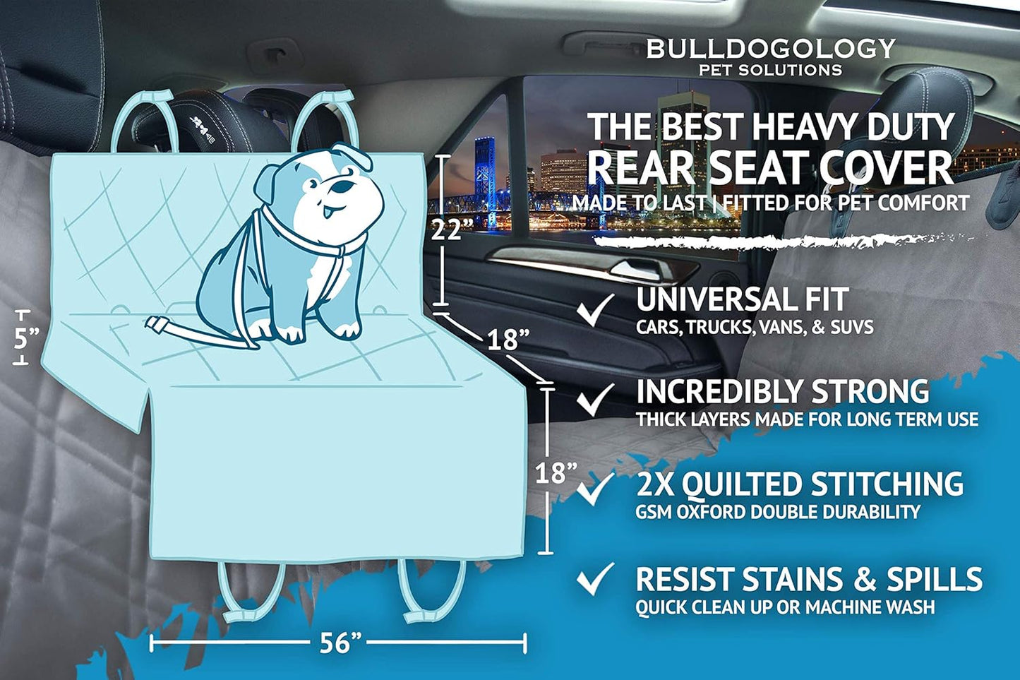 Bulldogology Dog Car Seat Cover Waterproof Heavy Duty Bench Dog Hammock Backseat Protector from Hair, Muddy Paws, Scratches - Pet Car Seat Cover for Cars Trucks SUVs (Large, Grey)