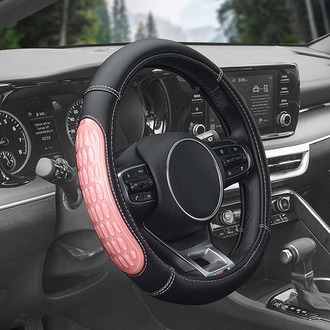 FH Group Universal Fit Ultra Grip Silicone and Faux Leather Steering Wheel Cover fits Most Cars, SUVs Pink