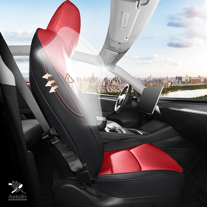 Tesla Model Y Seat Cover 2020-2024 Waterproof Nappa Leather Seat Cover Fully Wrapped (TY-Red+Black)