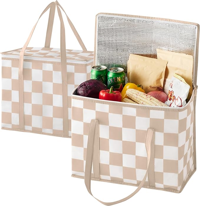 Checkered Insulated Grocery Bags 2 Pack, Checkerboard Cooler Shopping Bags for Groceries, Insulated Bags for Food Delivery