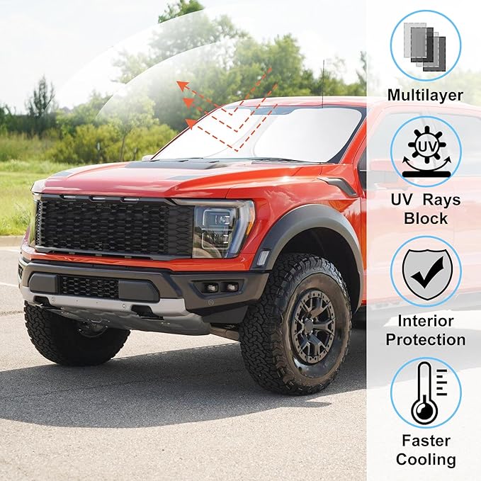 Windshield Sun Shade Compatible with 2021-2024 2025 2026 Ford F150 F-150 (Lariat, King Ranch, Platinum, XL XLT Limited Raptor) Accessories Sunshade Shield Protector