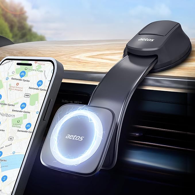aetos for iPhone MagSafe Car Mount Magnetic Phone Holder with Adhesive Suction Base, Fits iPhone 17/16/15/14 Pro/Plus/Max and Android Phones with Ring Adaptor, Ideal for Dashboard and Windshield