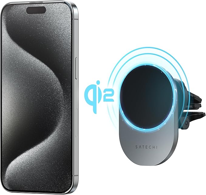 Satechi Qi2 Wireless Car Charger, Travel Friendly Car Phone Mount Charger for Air Vents, 15W Fast Chargers, for iPhone 17 to 12 Series