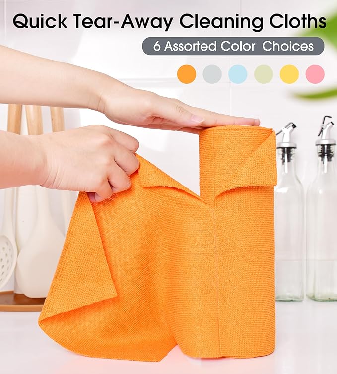 KitchLife Microfiber Cleaning Cloth Roll - Tear-Away Reusable Microfiber Paper Towels, Lint-Free, Washable, 20 Sheets for Kitchen, Car, Dishes, and Sensitive Surfaces (Orange)