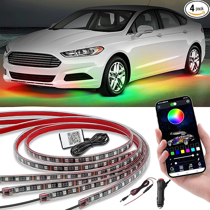 Kairiyard 4Pcs Underglow LED Lights for Cars with App Control, RGB Dream Colors Chasing Music Mode Waterproof Underglow kit for Car Truck
